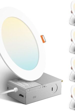 Amico 4 Pack 6 Inch 5CCT Ultra-Thin LED Recessed Ceiling Light with Junction Box, 2700K/3000K/3500K/4000K/5000K Selectable, 1050 Lumens, Dimmable Canless Wafer Downlight, 12W Eqv 110W-ETL&FCC