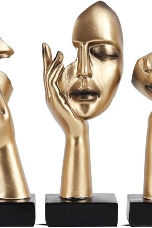 3 Pcs Thinker Small Statue Set - Black Gold Abstract Art Figurines Home Living Room Aesthetic Decor Floating Shelf Coffee Table Office Desk Bathroom Counter Decor (3 Pcs Gold, 6")
