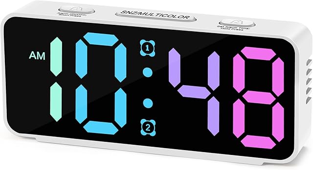 Cadmos Small Super Loud Alarm Clock for Bedrooms,Plug in Simple Digital Alarm Clocks with Large RGB Colorful Display,Dual Alarms,Dimmer,Ok to Wake Up for Heavy Sleepers Adults,Kids,Teens (White)