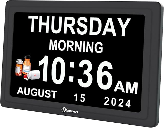 Soobest Digital Dementia Alarm Clock for Seniors Elderly, Electric Large Display Date Day of Week Time Calendar Clock 20 Reminders 3 Ringtones for Memory Loss Alzheimers, Auto DST/Dimmer, 1024*600P HD