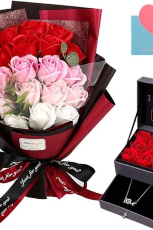 EIGHTOWN Roses Bouquet Artificial Flower - Preserved Red Rose Flowers with Love Necklace for Her - Unique Gifts Valentine's Day, Mother's Day, Thanksgiving, Birthday, Anniversary