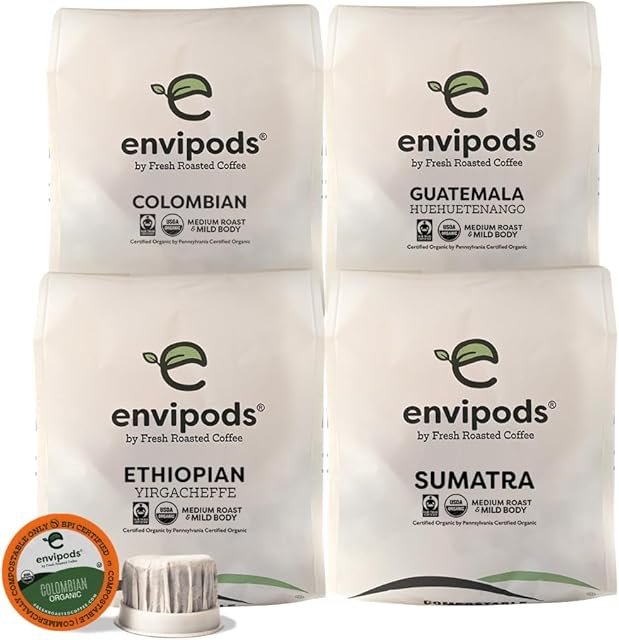 Fresh Roasted Coffee, Organic Single Origin envipods Variety Pack | BPI Compostable, USDA Organic, Kosher | 48 Count for K Cup Brewers | Not for use in Ninja or Hamilton Beach Brewers