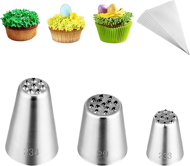3Pcs Grass Icing Nozzles Set,Stainless Steel Grass Piping Tip with 10Pcs Disposable Piping Bags,Cake Decorating Tips For Baking Decorating