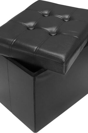 AmasSmile Storage Ottoman Folding Foot Rest Stool, Leather Footstool Bench, Short Ottoman Stool, Storage Foot Rest Store, Books (Black, 17" D x 13" W x 13" H)