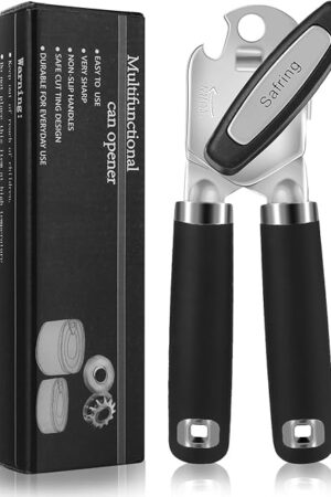 Can Opener Manual, Heavy Duty Handheld Strong Can Opener with Soft Touch Handle, Sharp Blade Smooth Edge, Can Openers with Multifunctional Bottle Opener, Black