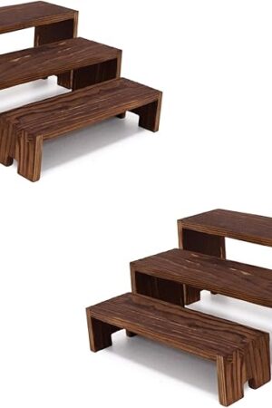 Display Wood Risers Wooden Stand 3 Tier Wood Racks Decorative Rectangular, 2 Set 6 Piece Cupcake Stands Cologne Perfume Organizer Dessert Showcase(Brown)