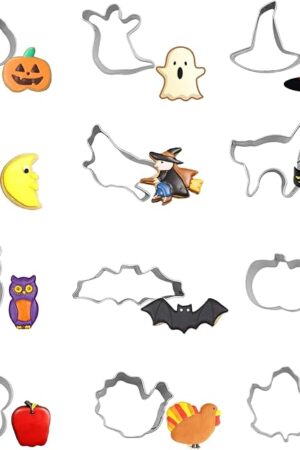 Crethinkaty Mini Halloween Cookie Cutters,12 Pieces Stainless Steel Cookie Cutter Sets for Baking-Pumpkin,Ghost,Black Cat,Bat,Wizard Hat,Wizard,Maple Leaf,Moon,Turkey