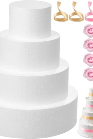 4 Tiers Foam Cake Dummies Set 4" 6" 8" 10", PLULON White Round Practice Cake Dummy 12 Inch Tall with Artificial Roses and Ribbons for Wedding Baby Shower Birthday Anniversary Christmas Party Supplies