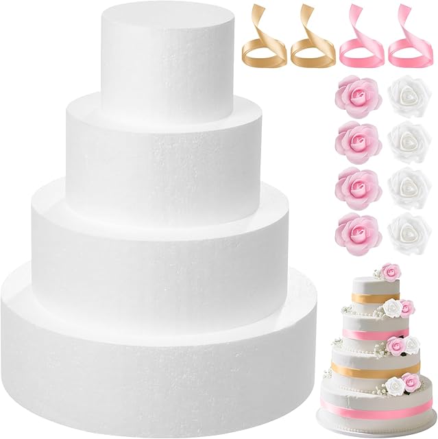 4 Tiers Foam Cake Dummies Set 4" 6" 8" 10", PLULON White Round Practice Cake Dummy 12 Inch Tall with Artificial Roses and Ribbons for Wedding Baby Shower Birthday Anniversary Christmas Party Supplies