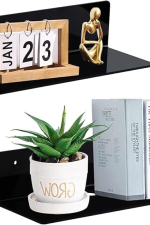 9 Inch Acrylic Floating Wall Shelf No Drill Adhesive Black Set of 2