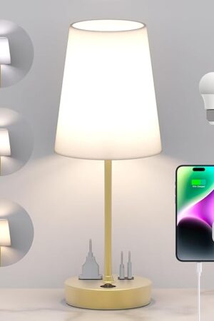 Bedside Table Lamp for Bedroom, 3-Way Dimmable Lamp with AC Outlet and USB C Charging Ports(PD 20W), Lamps with Shade for Night Stands, Living Room, Desk, and Home Office
