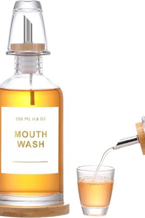 11.8OZ Glass Mouthwash Dispenser for Bathroom with Stainless Steel & Bamboo Nozzle, Mouthwash Cup Reusable, Bamboo Tray, and Elegant Gold Sticker.（Clear