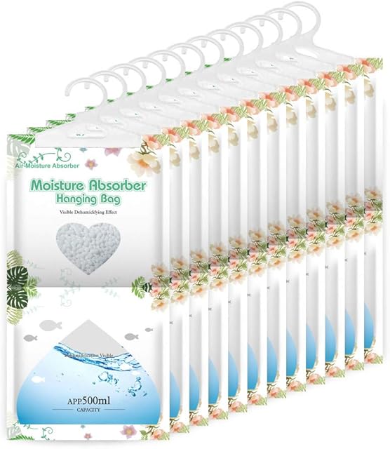 CANAGER Hanging Moisture Absorber-12 Packs, Hanging Dehumidifier Bags for Closet,Bedroom and kitchen,Fragrance Free,Moisture Absorb 12.5OZ