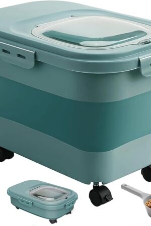 ANVS Airtight Collapsible Pet Food Container With Casters, Scoop and Small Container - Keeps Up To 20lbs Dry Dog Food Fresh (Dark Green)