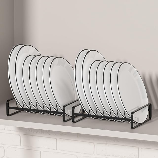 2 Pack Plate Holders Organizers 8 Slots Upright Cabinet Dish Drying Racks Metal Plate Stands (for 6In. 10In. Plates) Dish Organizers for Countertop and Cupboard(at Least 11.2in.Height) Black