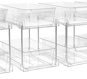 4 Pack 2-Tier Bathroom Under Sink Organizers and Storage - Clear Stackable Containers for Kitchen, Pantry, Vanity, Medicine Cabinet, Makeup, and Counter with Pull-Out Track