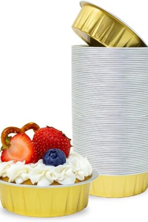 100ct Tiny 2oz Gold Bakeable Aluminum Cups | Mini Disposable Ramekins | Tiny Creme Brulee Ramekins | Baking Essentials Ramekins | Mini Baking Dessert Cups for Parties, Weddings, Catering | CMJJ