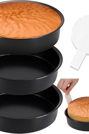 8 Inch Cake Pan, Premium Round Cake Pans Set of 3, Durable Circle Cake Pan with 100 Pieces Parchment Paper, Non-Toxic & Healthy Deep Cake Baking Pans Tins for Birthday Christmas, Dishwasher Safe