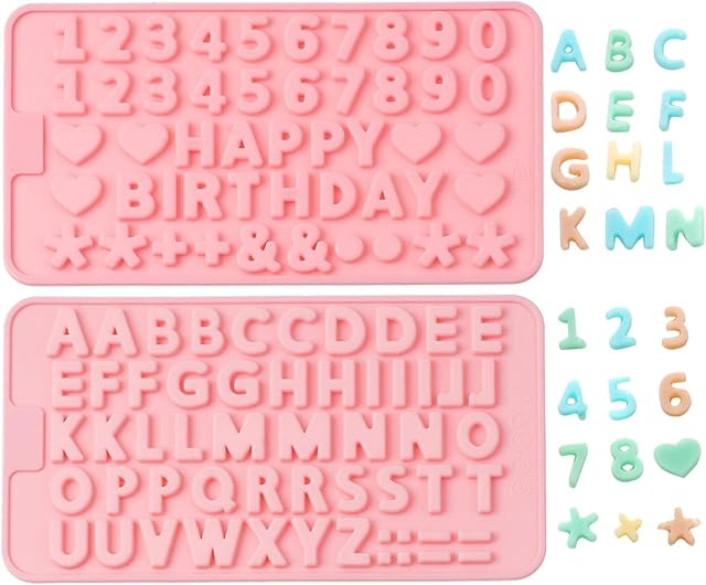 Verdental Small Letter Number Silicone Molds Set Candy Chocolate Non-stick Happy Birthday Cake Decorations Baking Mould(2 Pieces, Pink)