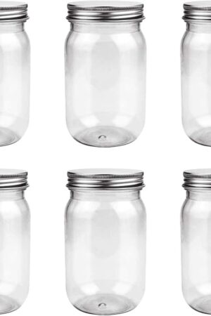 6 Pack 16 Ounce Clear Plastic Mason Jars Containers With Screw Sealing Metal Tinplate Lids,Refillable Empty PET Plastic Slime Candy Storage Jars Containers for Home Kitchen Art Craft
