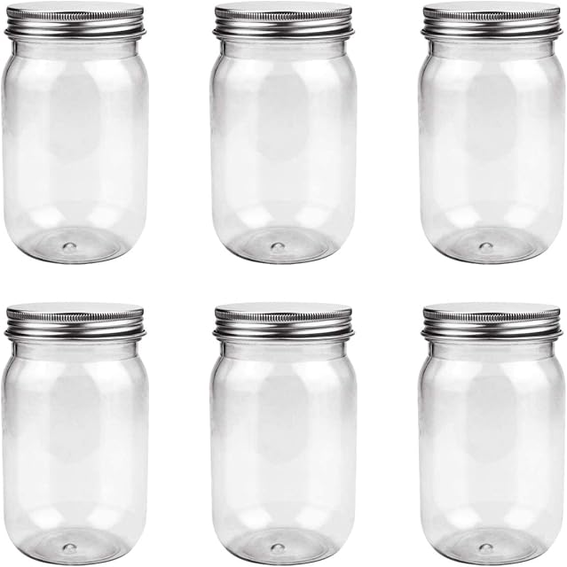 6 Pack 16 Ounce Clear Plastic Mason Jars Containers With Screw Sealing Metal Tinplate Lids,Refillable Empty PET Plastic Slime Candy Storage Jars Containers for Home Kitchen Art Craft