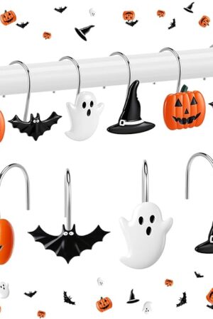 Yungyan 12 Pcs Halloween Ghost Shower Curtain Hooks Pumpkin Curtain Hangers Bat Witch Decorative Rings Accessories for Halloween Bathroom Restroom Decor