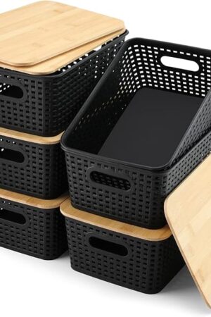 AREYZIN Storage Bins with Bamboo Lids Set of 6 Lidded Storage Container Plastic Baskets Organizer Bins for Organizing Kithen Room Bedroom Office Closet, Sturdy(Black)