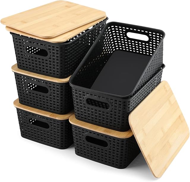 AREYZIN Storage Bins with Bamboo Lids Set of 6 Lidded Storage Container Plastic Baskets Organizer Bins for Organizing Kithen Room Bedroom Office Closet, Sturdy(Black)