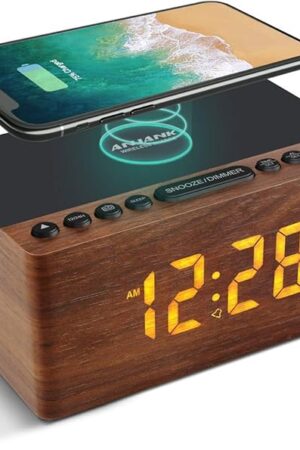 ANJANK Digital LED Alarm Clock FM Radio, Fast Wireless Charger Station for iPhone/Samsung Galaxy, 5 Level Dimmer, USB Charging Port, 2 Sounds, Sleep Timer for Bedroom, Bedside, Desk - Wood