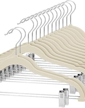Cozymood Velvet Skirt Hangers - Pack of 24 - Velvet Hangers with Clips Ultra Thin Non Slip Velvet Pants Hangers Space Saving Clothes Hanger for Trouser, Skirts, Jeans, Dress (Beige)