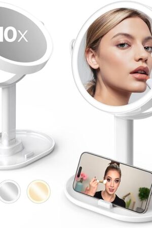 8" Large Lighted Makeup Mirror with 10X/1X Magnification, Rechargeable 4000mAh Lighted Makeup Mirror, Adjustable Travel Make Up Mirror with 3 Color Light