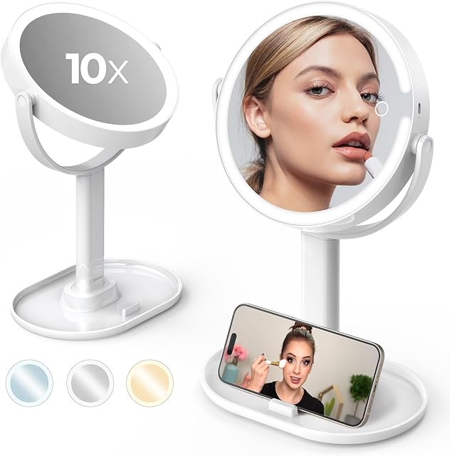 8" Large Lighted Makeup Mirror with 10X/1X Magnification, Rechargeable 4000mAh Lighted Makeup Mirror, Adjustable Travel Make Up Mirror with 3 Color Light