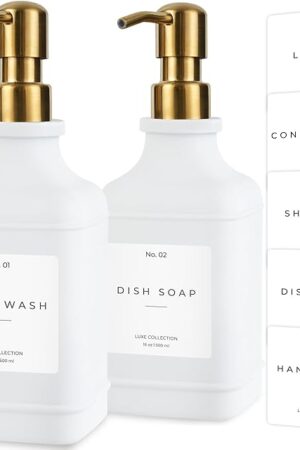 Emerson Essentials Soap Dispenser, Dish Soap Dispenser, Soap Dispenser Bathroom Set, Hand Soap Dispenser, Kitchen Soap Dispenser Set, Glass Soap Dispenser with Pump and Labels - 16 Oz, 2-Pack