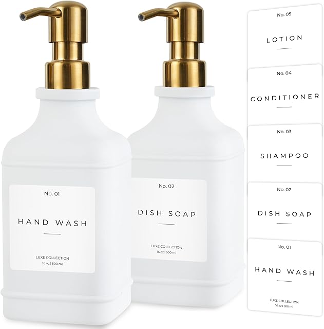 Emerson Essentials Soap Dispenser, Dish Soap Dispenser, Soap Dispenser Bathroom Set, Hand Soap Dispenser, Kitchen Soap Dispenser Set, Glass Soap Dispenser with Pump and Labels - 16 Oz, 2-Pack