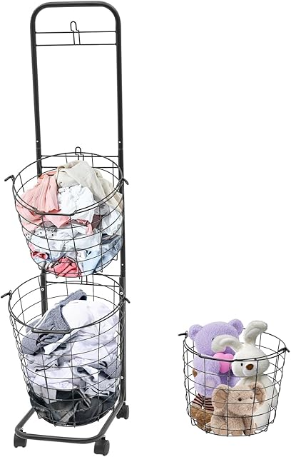 Laundry Basket on Wheels,3 Tier Large Laundry Hampers,10.4 * 13 * 48.4inch Clothing Sorting Laundry Baskets,Metal Sorter Storage Trolley shelf basket with wheel for Bathrooms Bedrooms (Black)