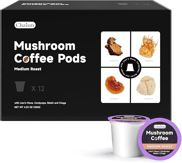 Chaism Mushroom Coffee Pods - Arabic Coffee with Lions Mane, Cordyceps, Reishi, Chaga for Focus & Energy Boost, Sugar-Free, Fat-Free,12 K Cups (12 Counts, Medium Roast)