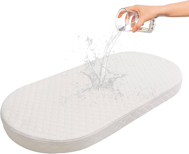 Baby Bassinet Mattress, Breathable, Hypoallergenic, Premium Foam, Non-Toxic, Oval Shaped with Removal Waterproof Cover,15" x 30" x 2'', White