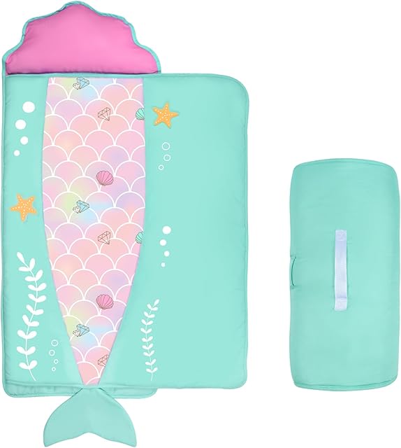 Cloele Toddler Nap Mat - Mermaids Nap Mat for Preschool with Removable Pillow and Blanket - 53x21inches Rolled and Portable Kid's Sleeping Mat for Toddler Girls Preschool Daycare Travel
