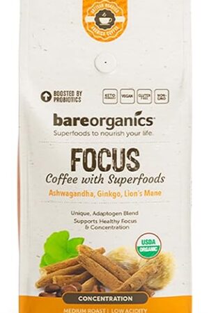 BareOrganics Artisan Ground FOCUS Bagged Coffee with Superfoods, Medium Roast, Non-GMO & Gluten-free, Ginkgo, Ashwagandha & Lion’s Mane Mushrooms, 10 oz