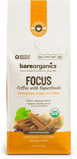 BareOrganics Artisan Ground FOCUS Bagged Coffee with Superfoods, Medium Roast, Non-GMO & Gluten-free, Ginkgo, Ashwagandha & Lion’s Mane Mushrooms, 10 oz