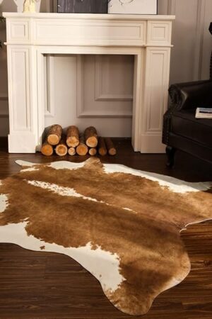 BENRON Premium Faux Cowhide Rug, Cow Print, Rustic Western Rugs for Living Room Bedroom, Irregular Animal Skin Hides, 4.6 x 5.2ft, Anti-Skid Cool Carpets for Cowboy Cowgirl Home Decor, Khaki Brown