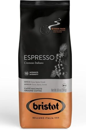 Bristot Espresso Cremoso Italiano Ground Coffee – Medium Roast, Rich & Smooth – 8.8oz (250g) Bag – Italian Ground Espresso for Home Machines