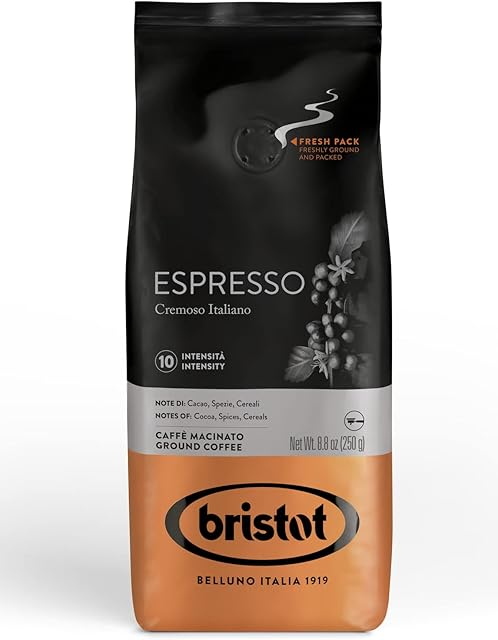 Bristot Espresso Cremoso Italiano Ground Coffee – Medium Roast, Rich & Smooth – 8.8oz (250g) Bag – Italian Ground Espresso for Home Machines