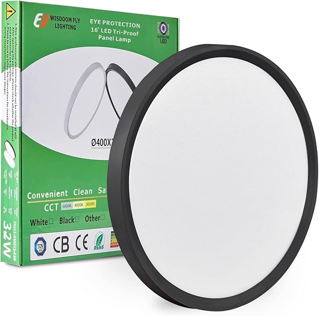 15.8 Inch Black LED Flush Mount Ceiling Light, 32W, 3480LM, 3000K/4000K/6000K CCT Selectable, Round Flat Panel Light Fits Hallways, Kitchens, Bedrooms, Laundry Rooms