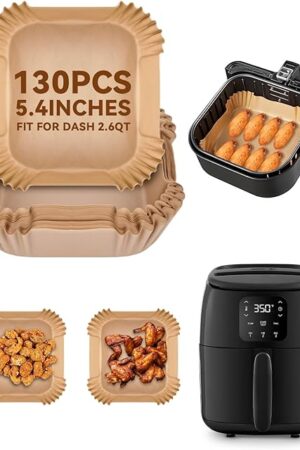 130PCs Air Fryer Paper Liners for DASH Tasti-Crisp 2.6QT Compact Airfryer, Non Stick Disposable Square Parchment-Paper Small Liner 5.4 inches, Food Grade Air Frier Accessories Free of Bleach