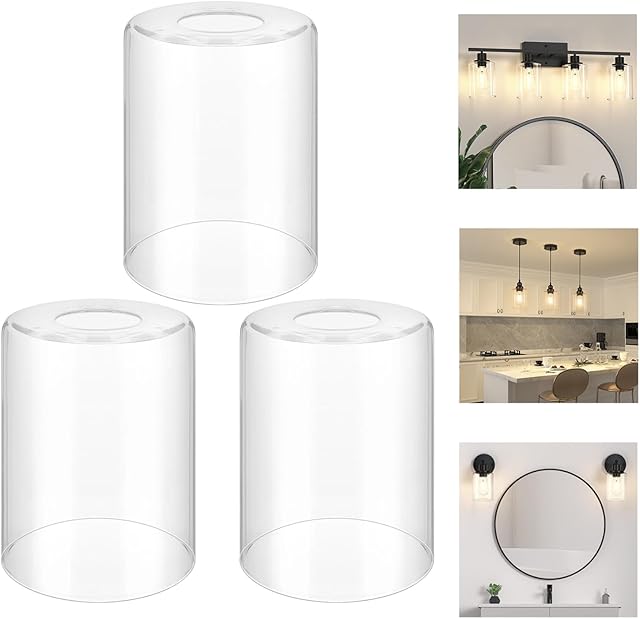 3-Pack Clear Glass Lampshade Replacement, High Transmittance Cylinder Glass Cover, 5.51in Height, 3.93in Diameter, 1.69in Fitter Lamp Shade Replacement for Pendant Chandelier Wall Light