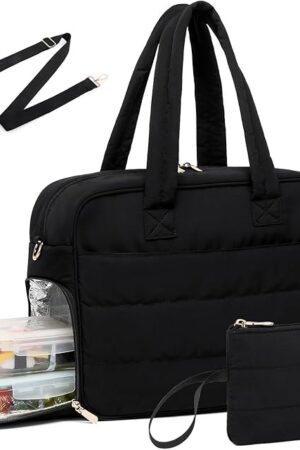 BAVERGE Lunch Tote Bag for Women Work, 17.3 Inch Laptop Purse with Insulated Lunch Compartment Coin Wallet for Meal, Large Puffy Quilted Travel Duffle Bag Black