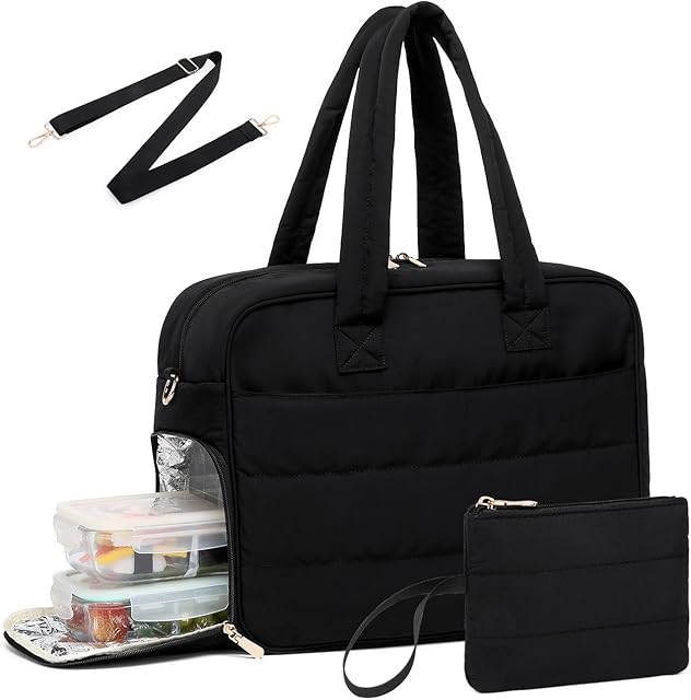 BAVERGE Lunch Tote Bag for Women Work, 17.3 Inch Laptop Purse with Insulated Lunch Compartment Coin Wallet for Meal, Large Puffy Quilted Travel Duffle Bag Black