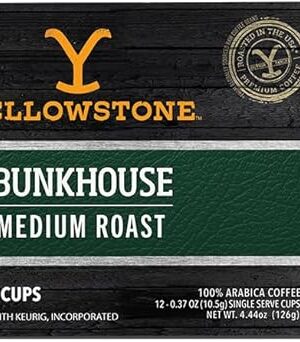 Yellowstone Bunkhouse Medium Roast Coffee, Single Serve Recyclable Pods/Cups, 100% Arabica Beans, 12 Count