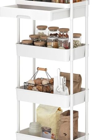 Dttwacoyh 4-Tier Rolling Cart，Trolley with Drawer, Kitchen Storage Organizer with Plastic Shelf & Metal Wheels, Storage Cart for Living Room, Kitchen, Office, Bathroom, White